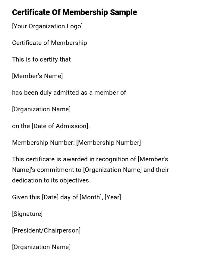 Certificate Of Membership Sample