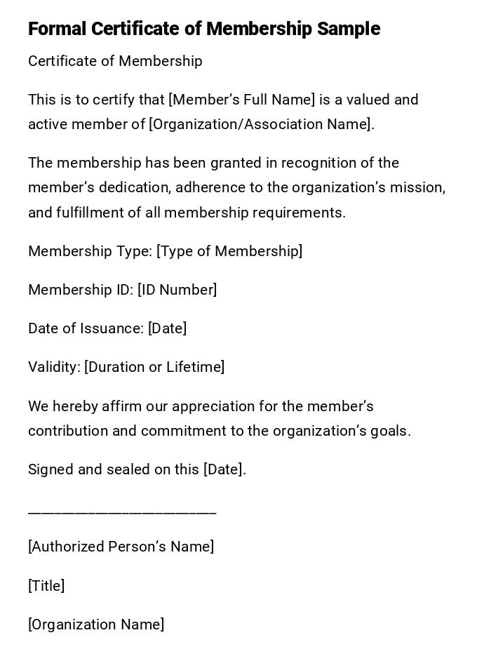 Formal Certificate of Membership Sample Formal Certificate of Membership Sample