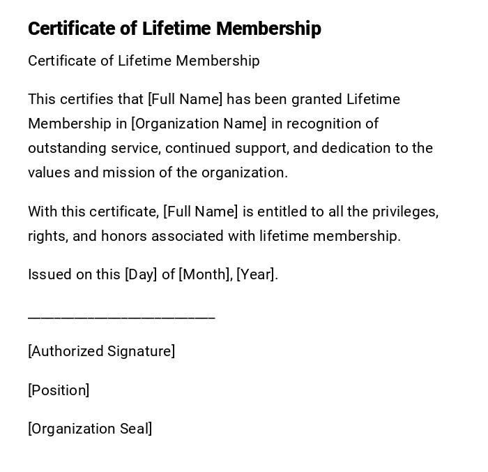 Certificate of Lifetime Membership Certificate of Lifetime Membership