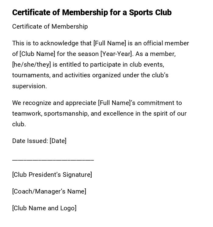 Certificate of Membership for a Sports Club Certificate of Membership for a Sports Club