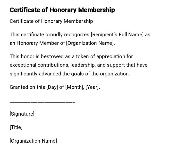 Certificate of Honorary Membership Certificate of Honorary Membership