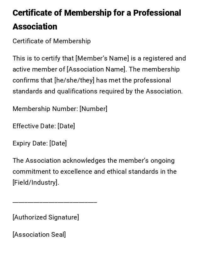Certificate of Membership for a Professional Association Certificate of Membership for a Professional Association