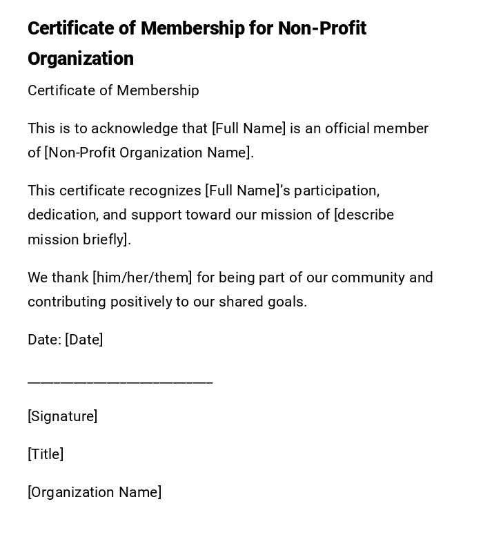 Certificate of Membership for Non-Profit Organization Certificate of Membership for Non-Profit Organization
