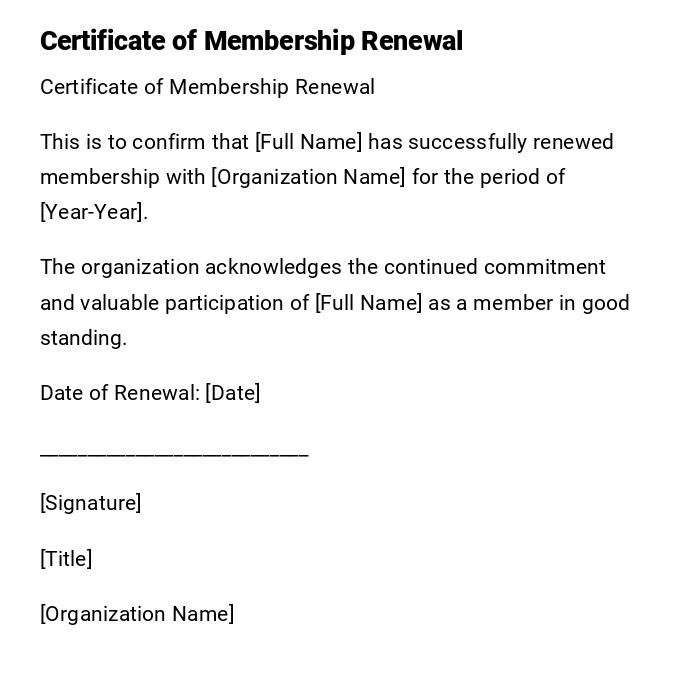 Certificate of Membership Renewal Certificate of Membership Renewal