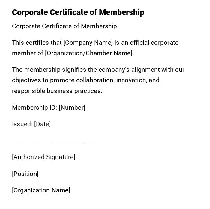 Corporate Certificate of Membership Corporate Certificate of Membership