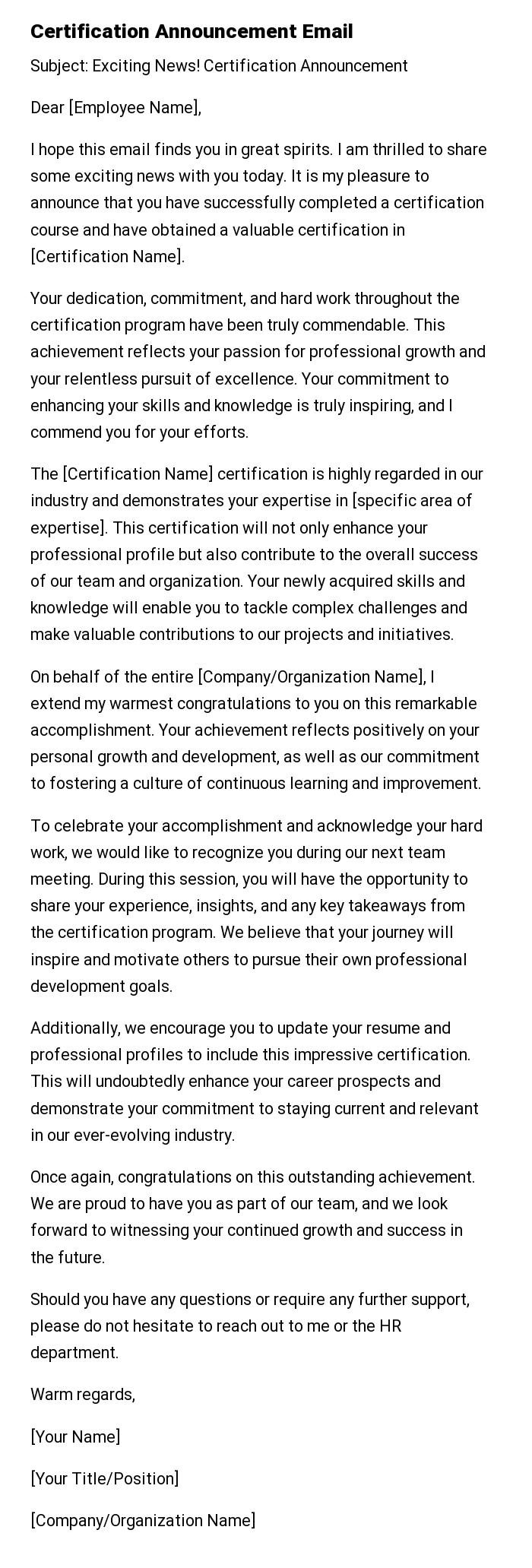 Certification Announcement Email