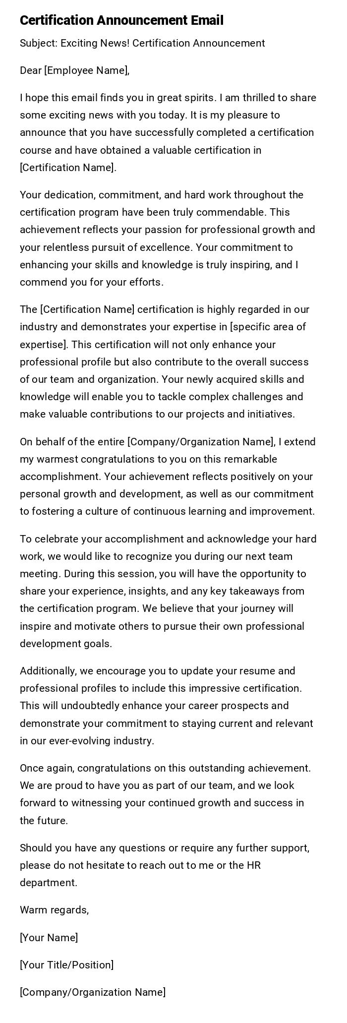 Certification Announcement Email Certification Announcement Email