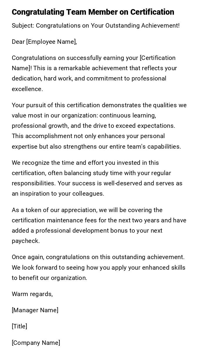 Congratulating Team Member on Certification Congratulating Team Member on Certification