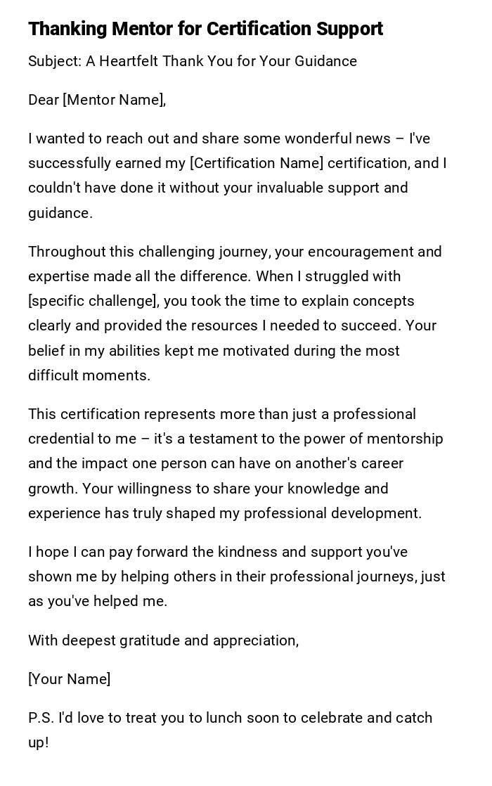 Thanking Mentor for Certification Support Thanking Mentor for Certification Support