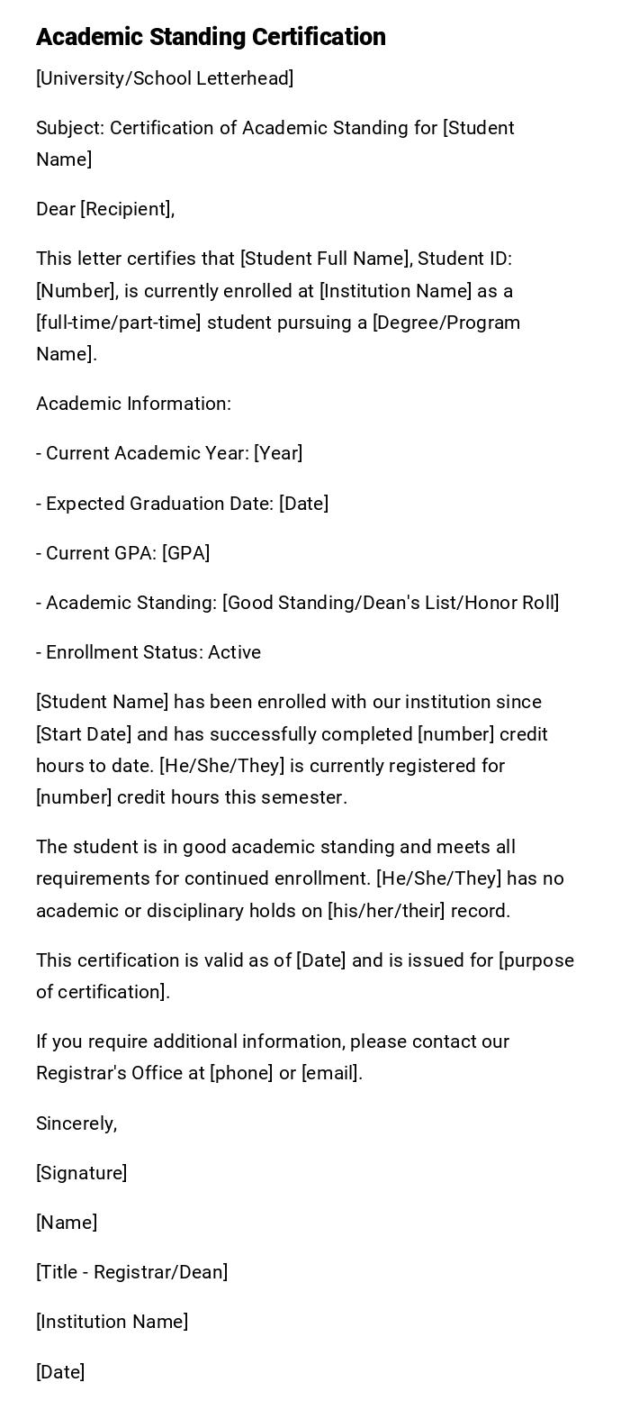 Academic Standing Certification