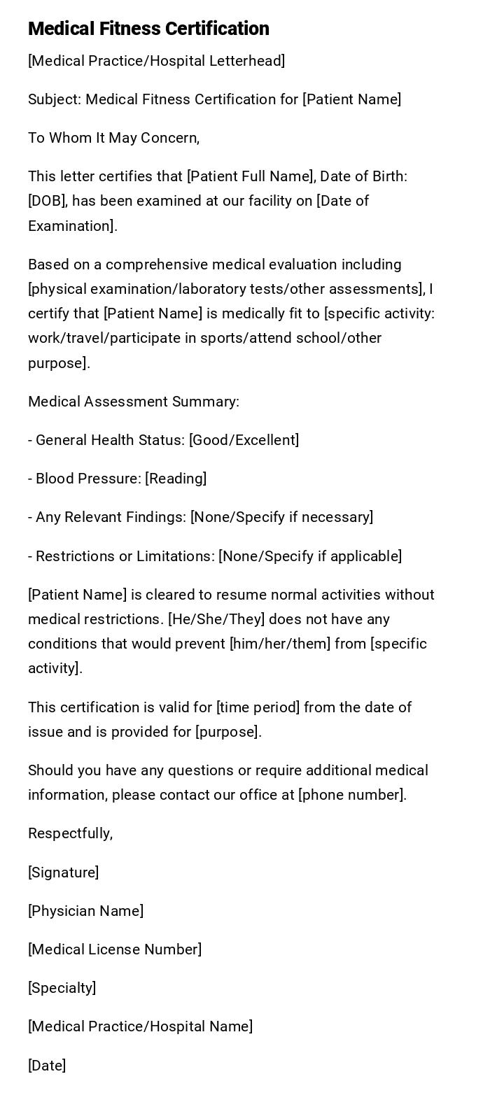 Medical Fitness Certification