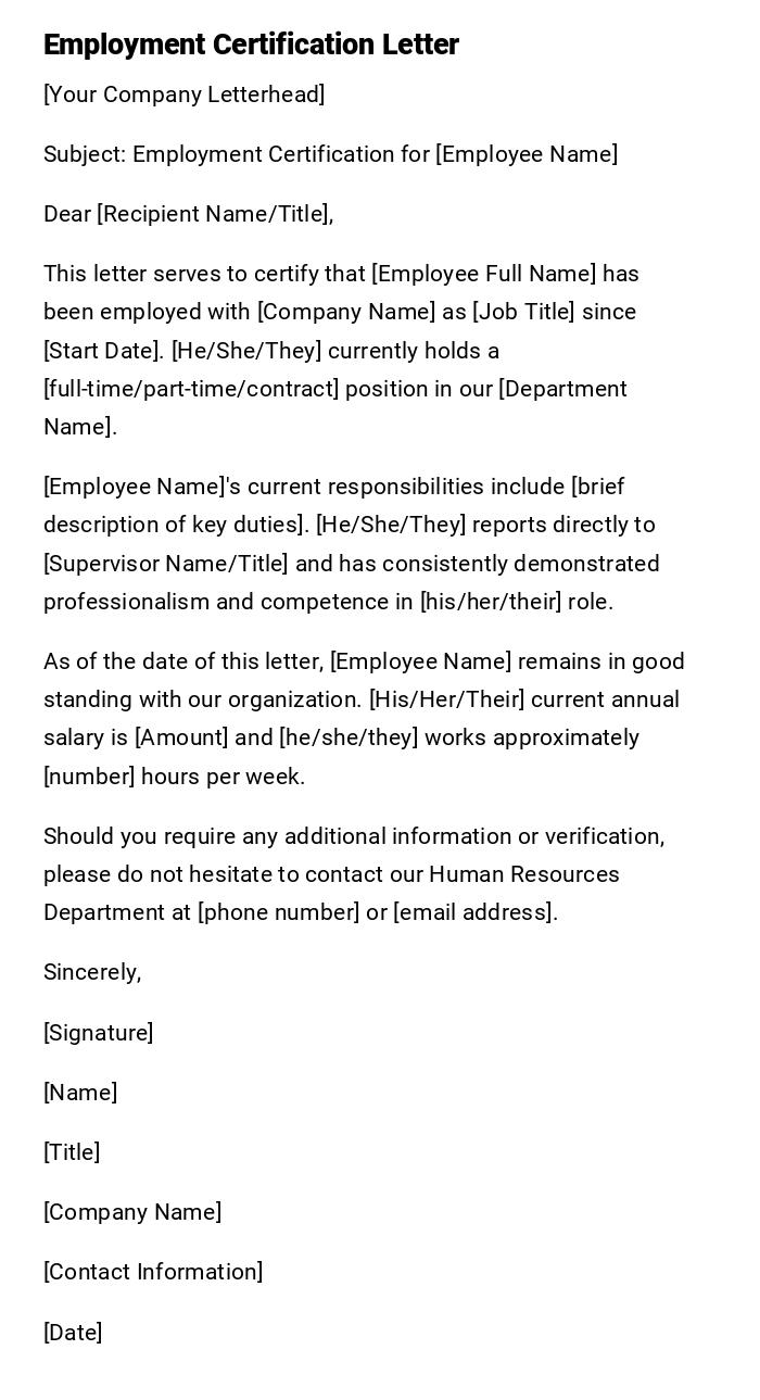 Employment Certification Letter