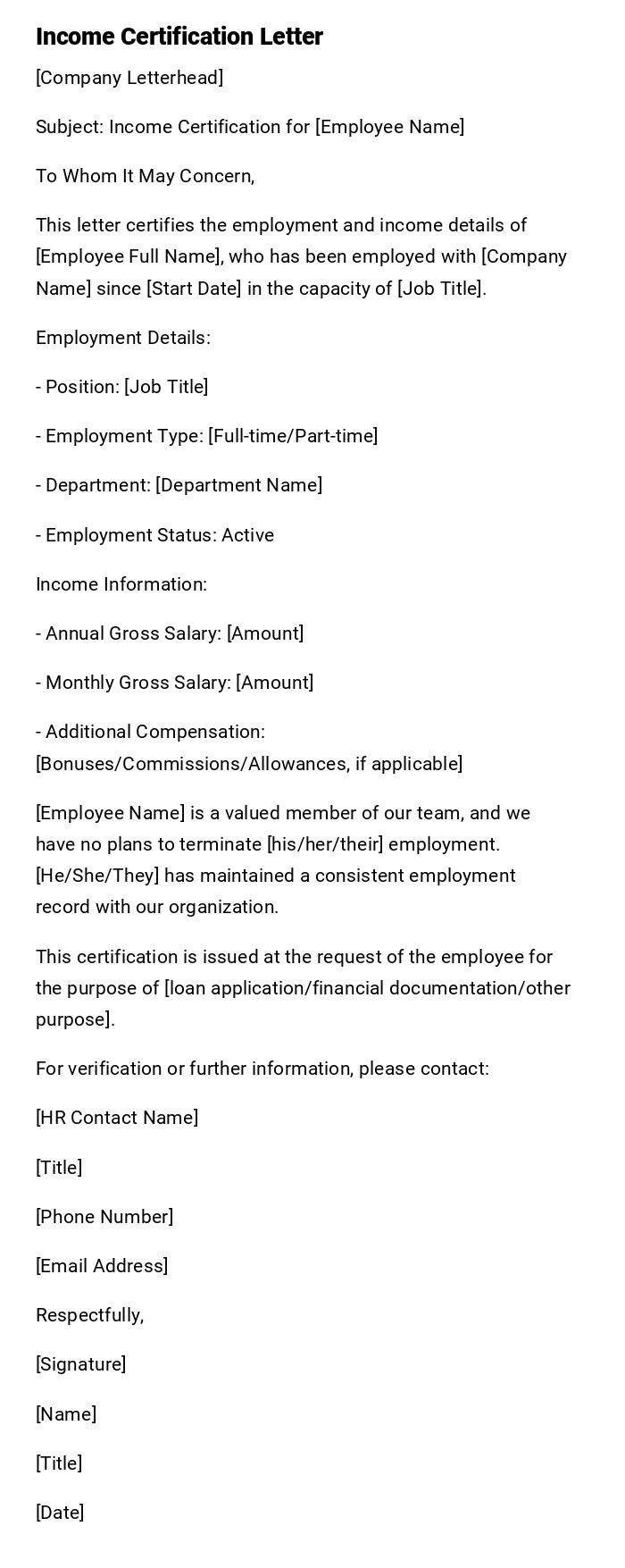 Income Certification Letter