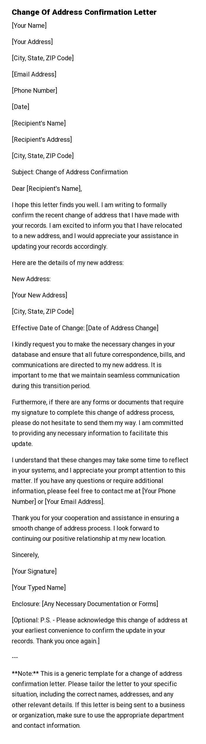Change Of Address Confirmation Letter