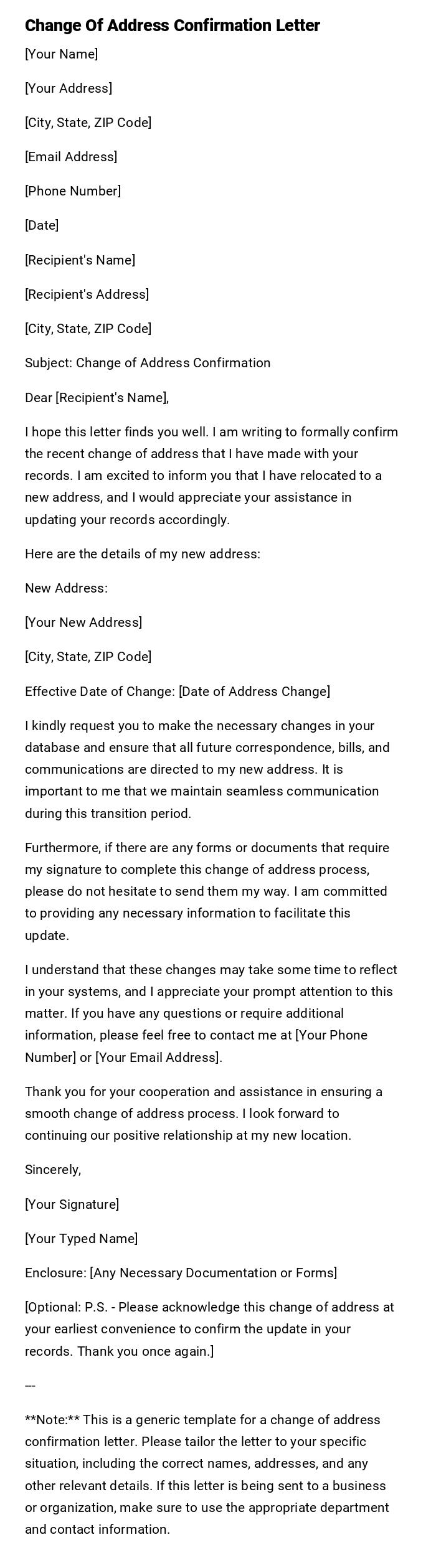 Change Of Address Confirmation Letter