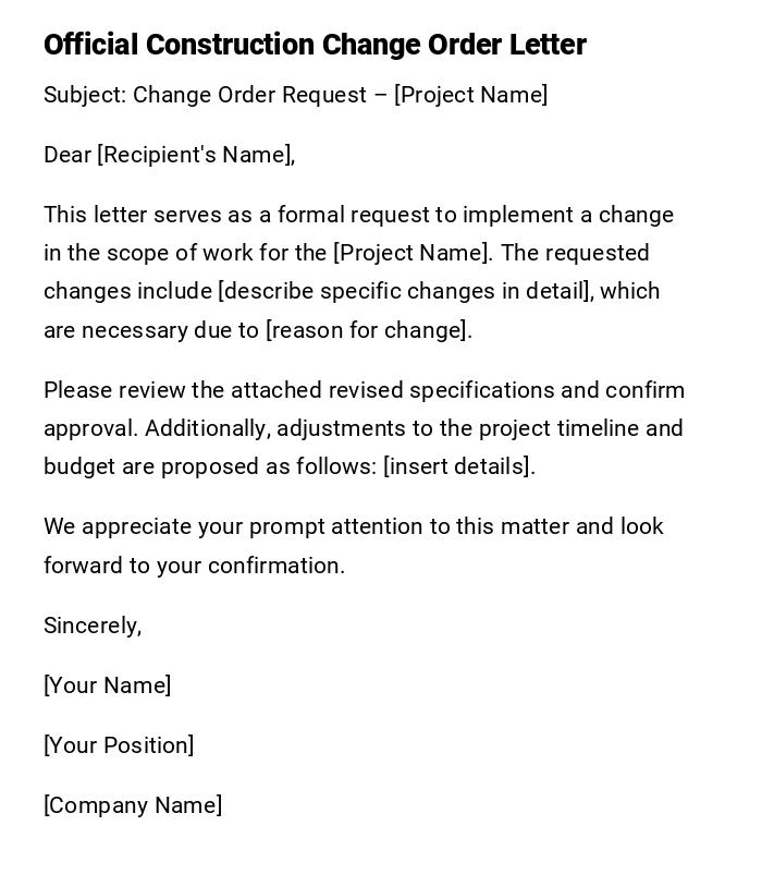 Official Construction Change Order Letter