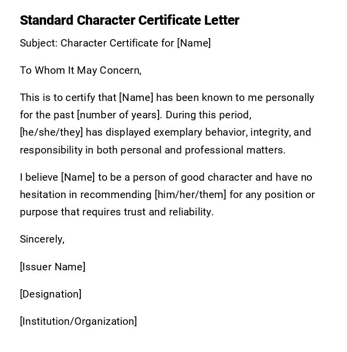 Standard Character Certificate Letter Standard Character Certificate Letter