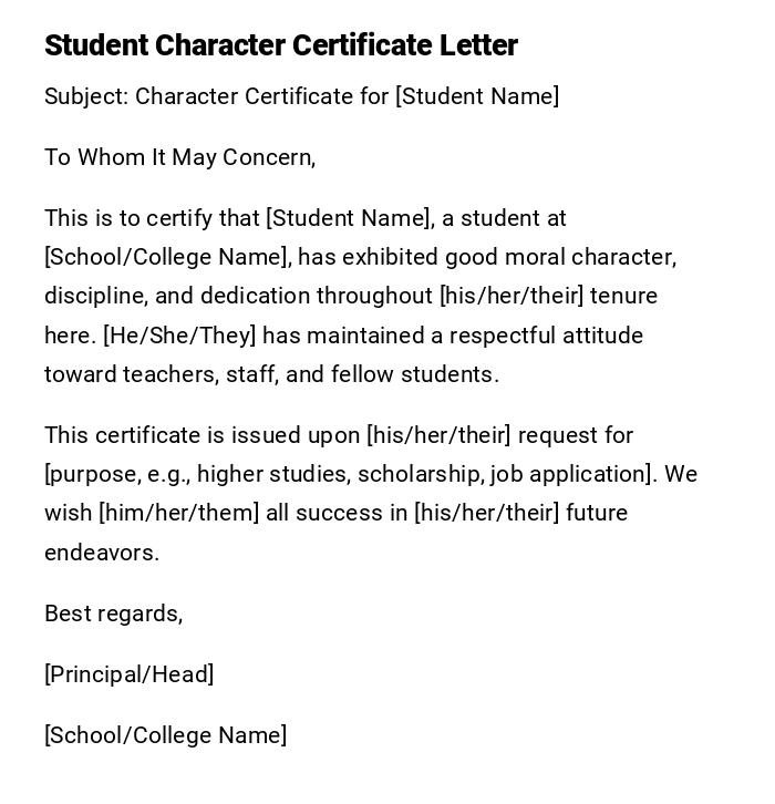 Student Character Certificate Letter Student Character Certificate Letter