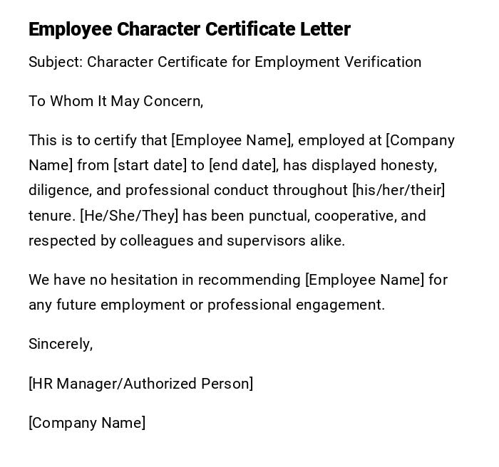 Employee Character Certificate Letter Employee Character Certificate Letter