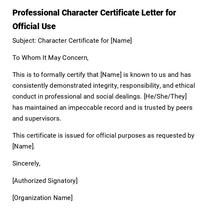 Professional Character Certificate Letter for Official Use Professional Character Certificate Letter for Official Use