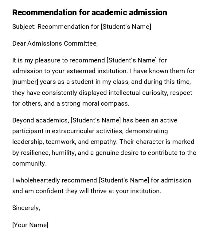 Recommendation for academic admission Recommendation for academic admission