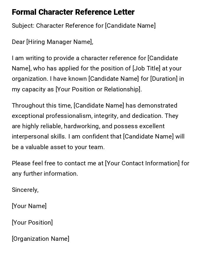 Formal Character Reference Letter Formal Character Reference Letter