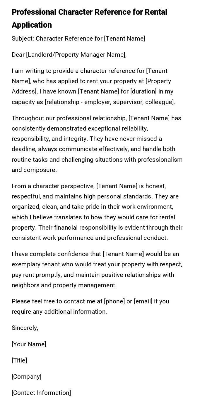 Professional Character Reference for Rental Application Professional Character Reference for Rental Application
