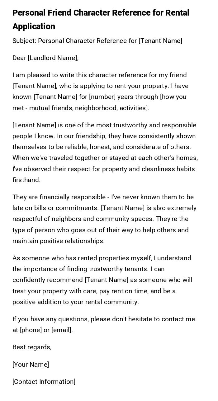 Personal Friend Character Reference for Rental Application Personal Friend Character Reference for Rental Application