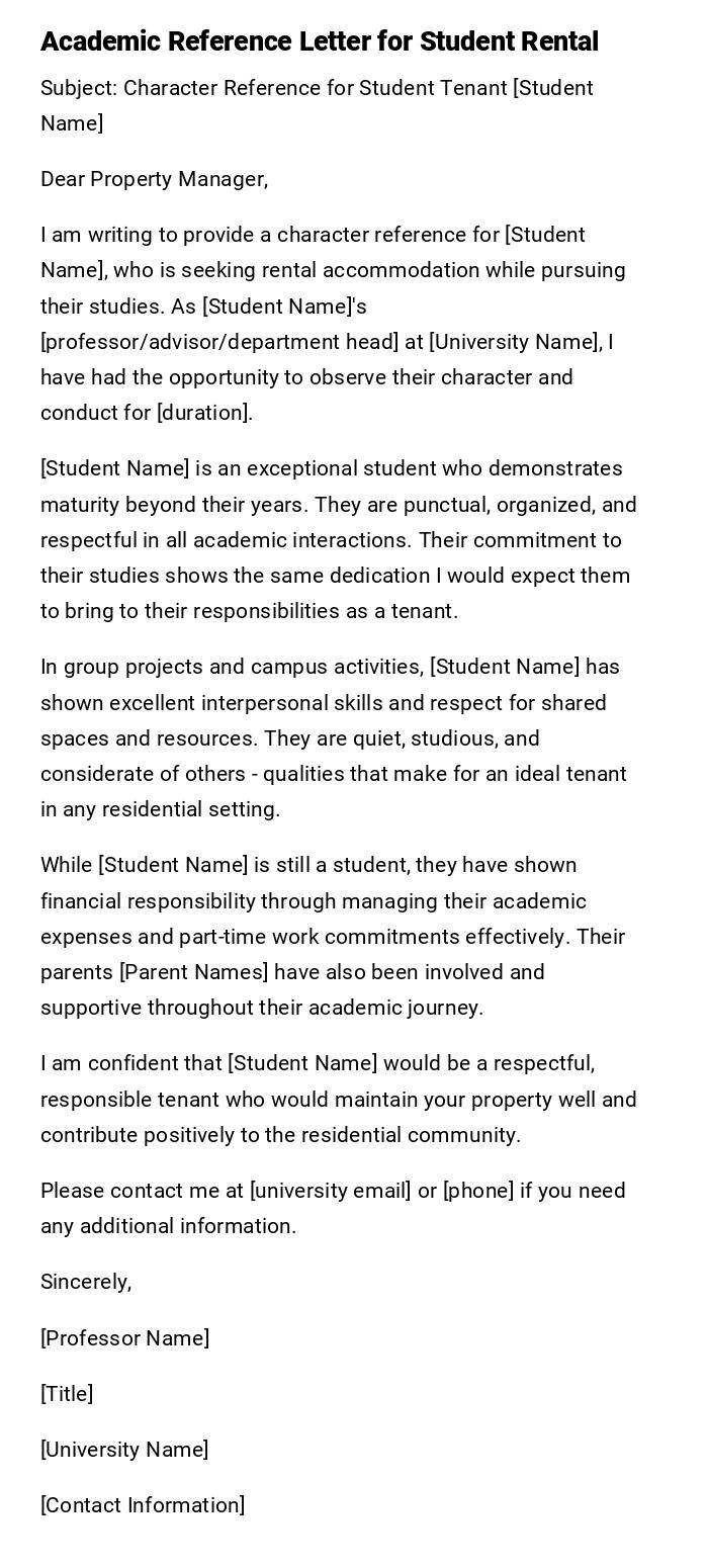 Academic Reference Letter for Student Rental Academic Reference Letter for Student Rental