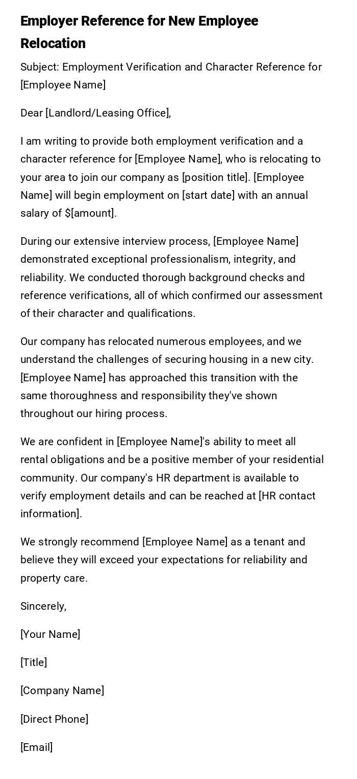 Employer Reference for New Employee Relocation Employer Reference for New Employee Relocation