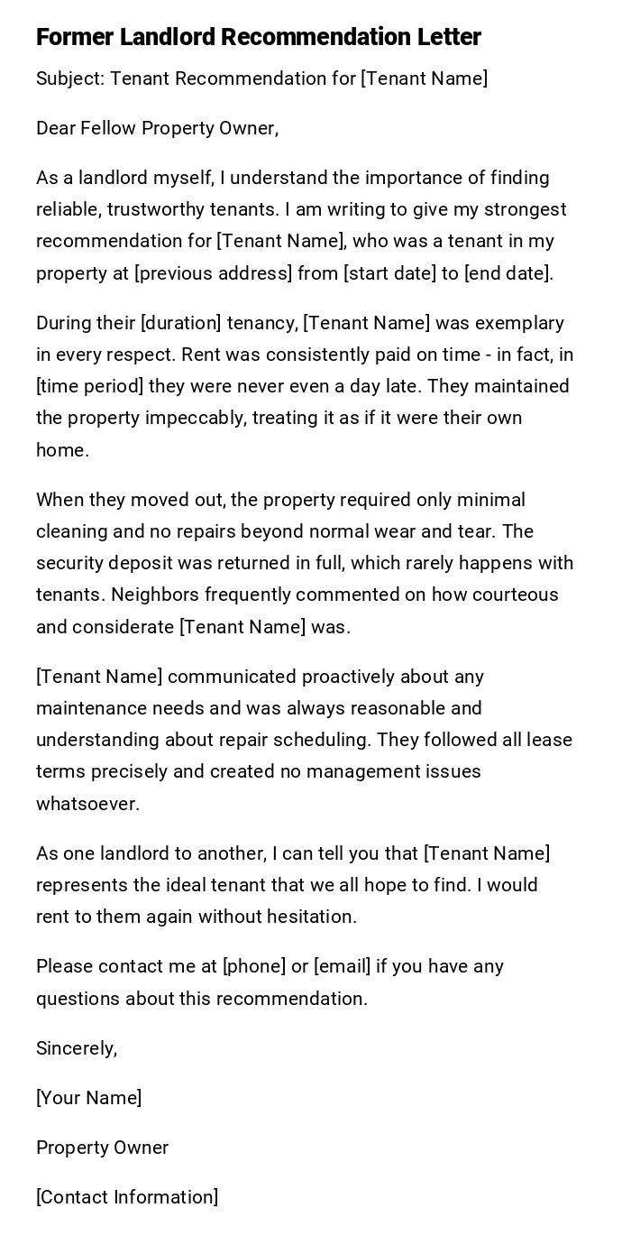 Former Landlord Recommendation Letter Former Landlord Recommendation Letter