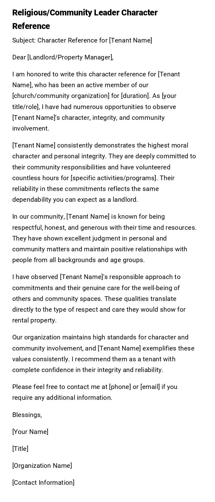 Religious/Community Leader Character Reference Religious/Community Leader Character Reference