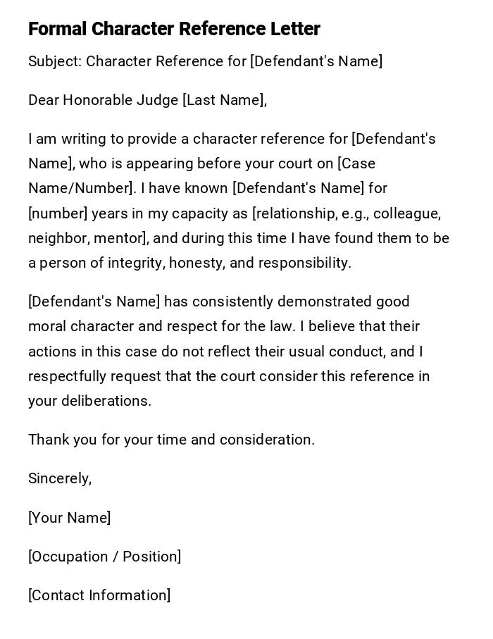 Formal Character Reference Letter Formal Character Reference Letter