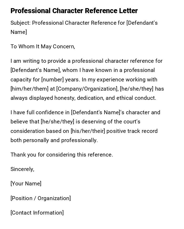 Professional Character Reference Letter Professional Character Reference Letter