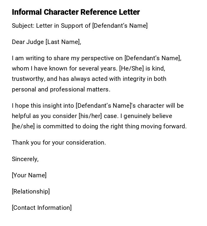 Informal Character Reference Letter Informal Character Reference Letter