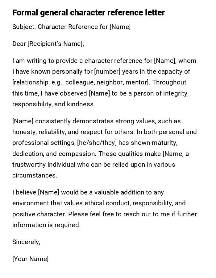 Formal general character reference letter Formal general character reference letter