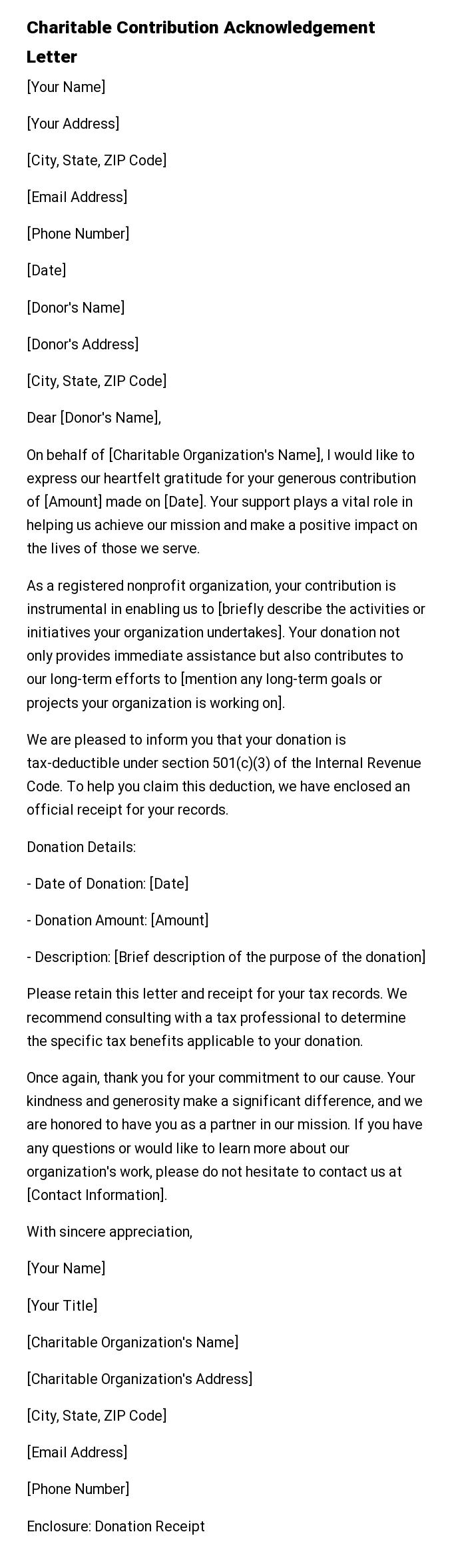 Charitable Contribution Acknowledgement Letter