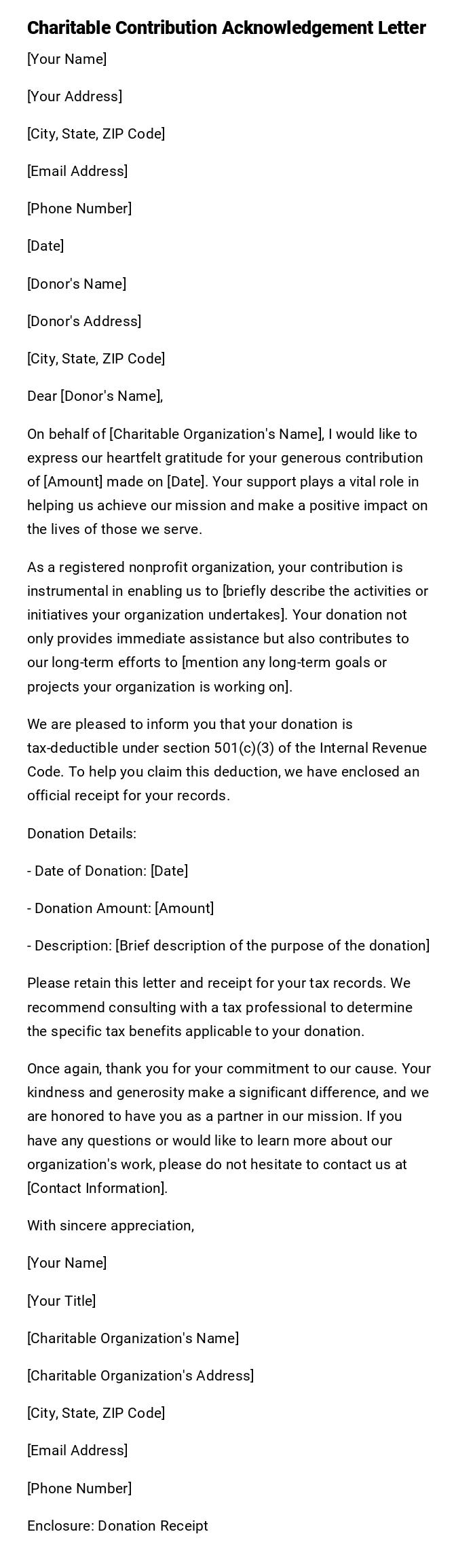 Charitable Contribution Acknowledgement Letter