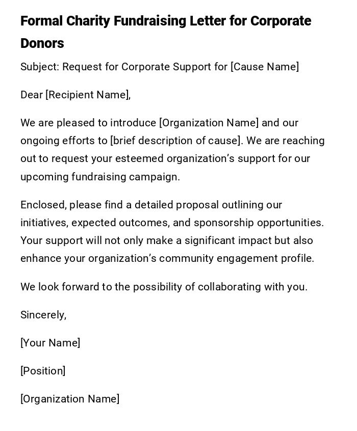 Formal Charity Fundraising Letter for Corporate Donors Formal Charity Fundraising Letter for Corporate Donors