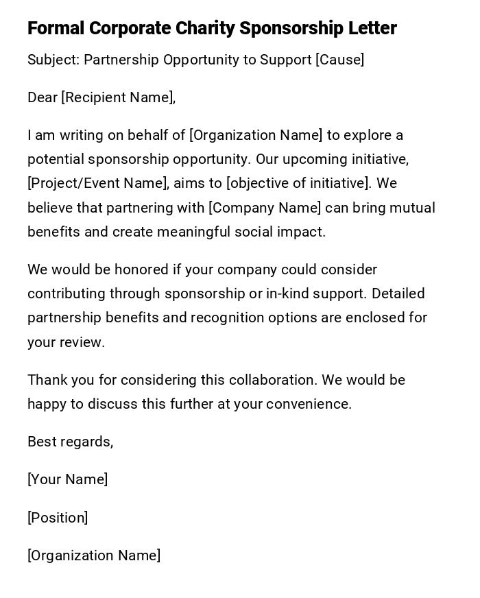 Formal Corporate Charity Sponsorship Letter Formal Corporate Charity Sponsorship Letter
