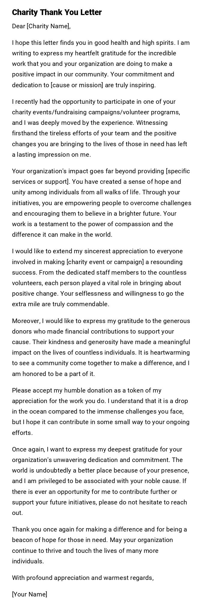 Charity Thank You Letter Charity Thank You Letter