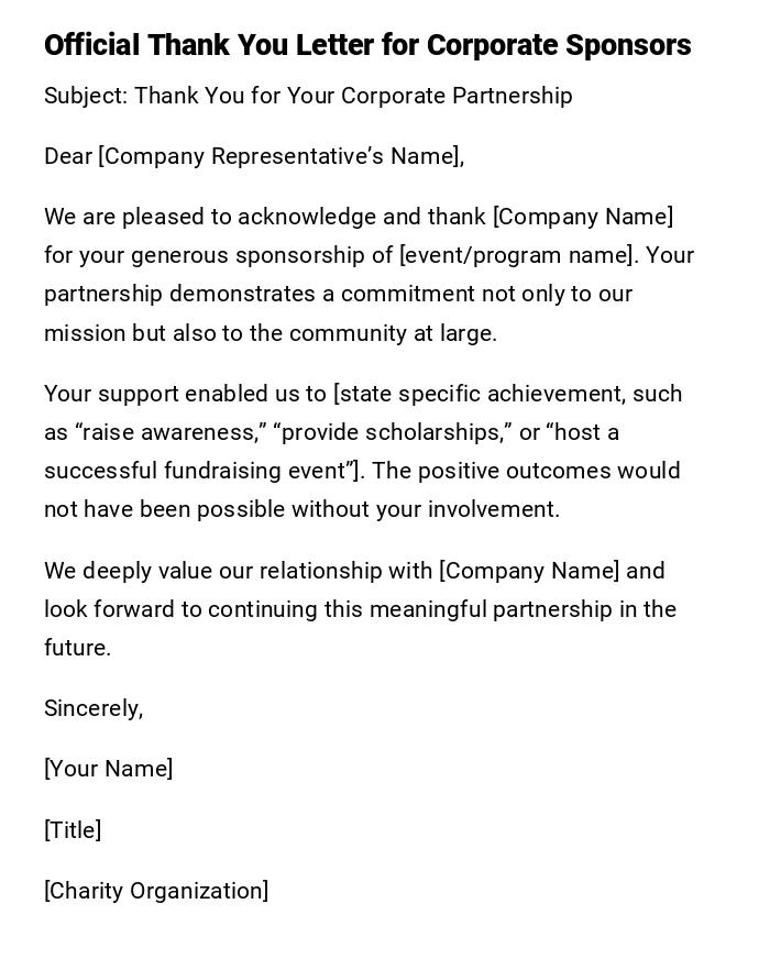 Official Thank You Letter for Corporate Sponsors Official Thank You Letter for Corporate Sponsors