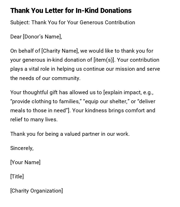 Thank You Letter for In-Kind Donations Thank You Letter for In-Kind Donations