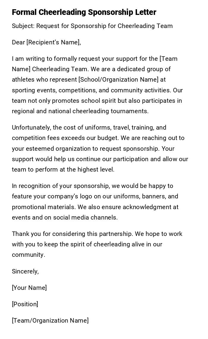 Formal Cheerleading Sponsorship Letter Formal Cheerleading Sponsorship Letter