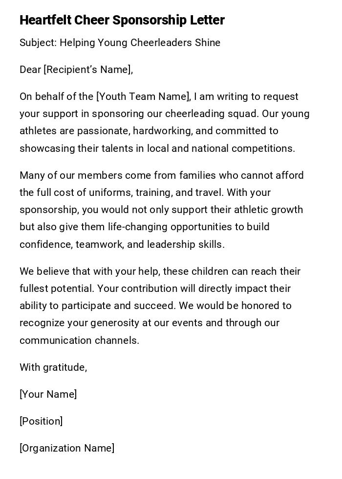 Heartfelt Cheer Sponsorship Letter Heartfelt Cheer Sponsorship Letter