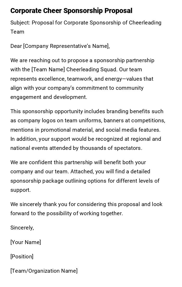 Corporate Cheer Sponsorship Proposal Corporate Cheer Sponsorship Proposal