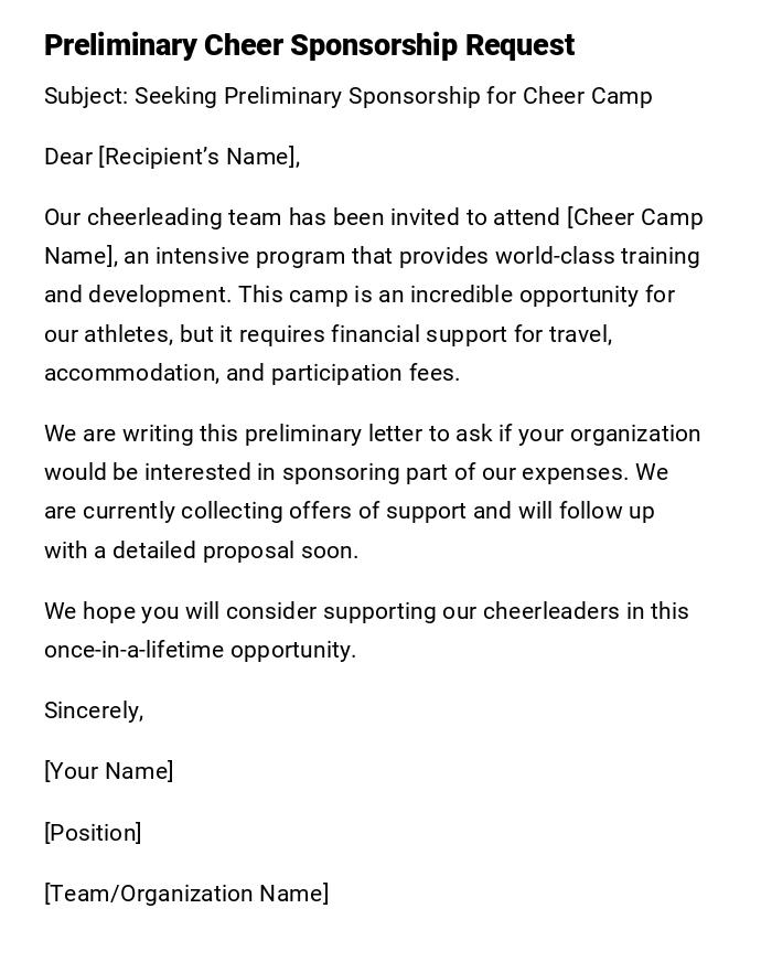 Preliminary Cheer Sponsorship Request Preliminary Cheer Sponsorship Request
