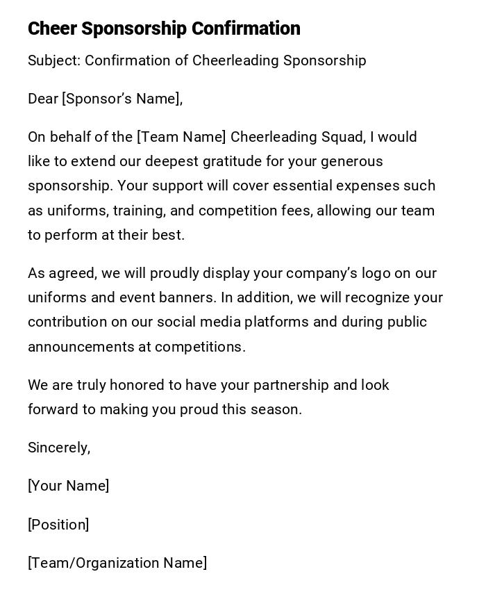 Cheer Sponsorship Confirmation Cheer Sponsorship Confirmation