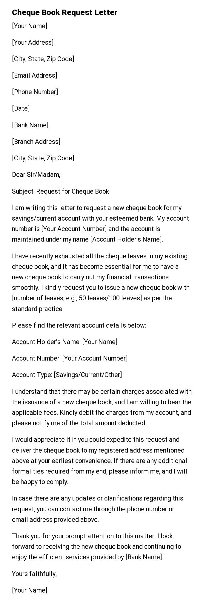 Cheque Book Request Letter