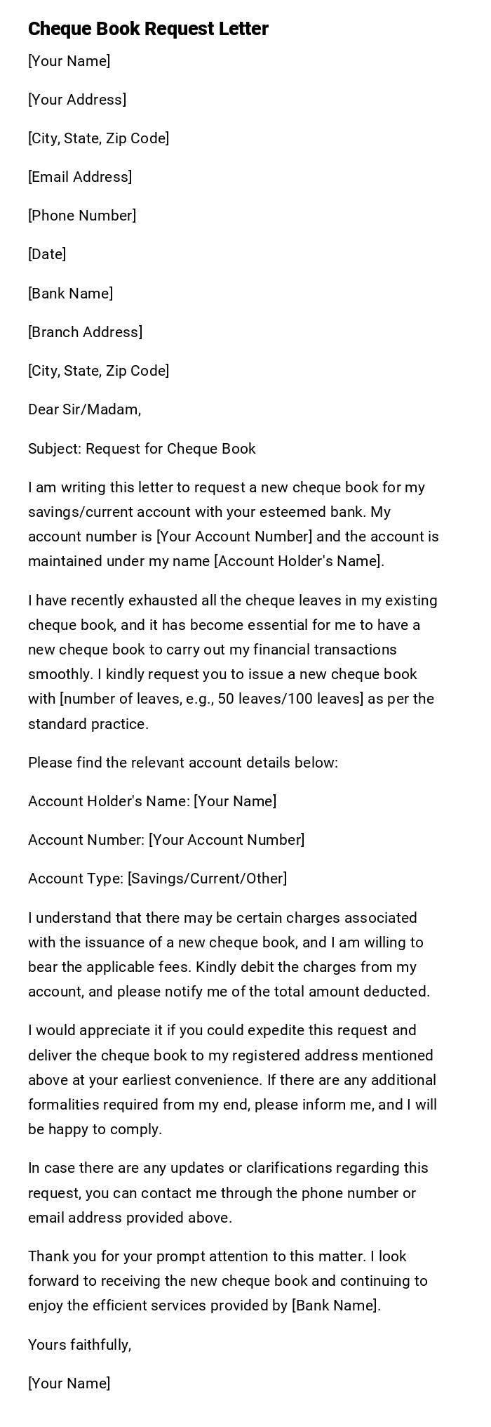 Cheque Book Request Letter